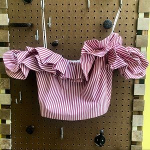 Wayf Red & White Striped Off the Shoulder Crop Top